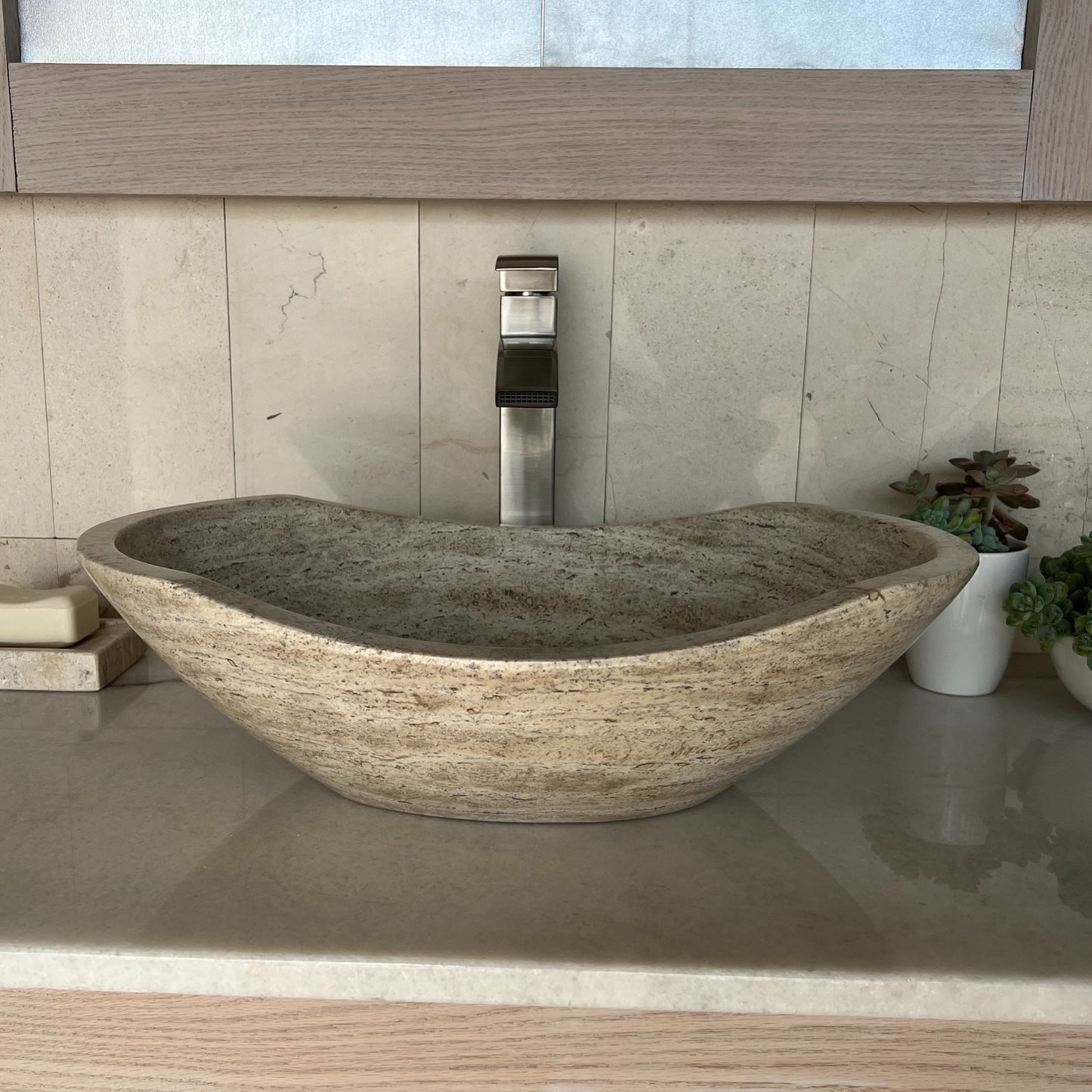Natural Stone Vessel Sink, Travertine & Marble Bathroom Sink, Oval Bathroom Sink Front 2