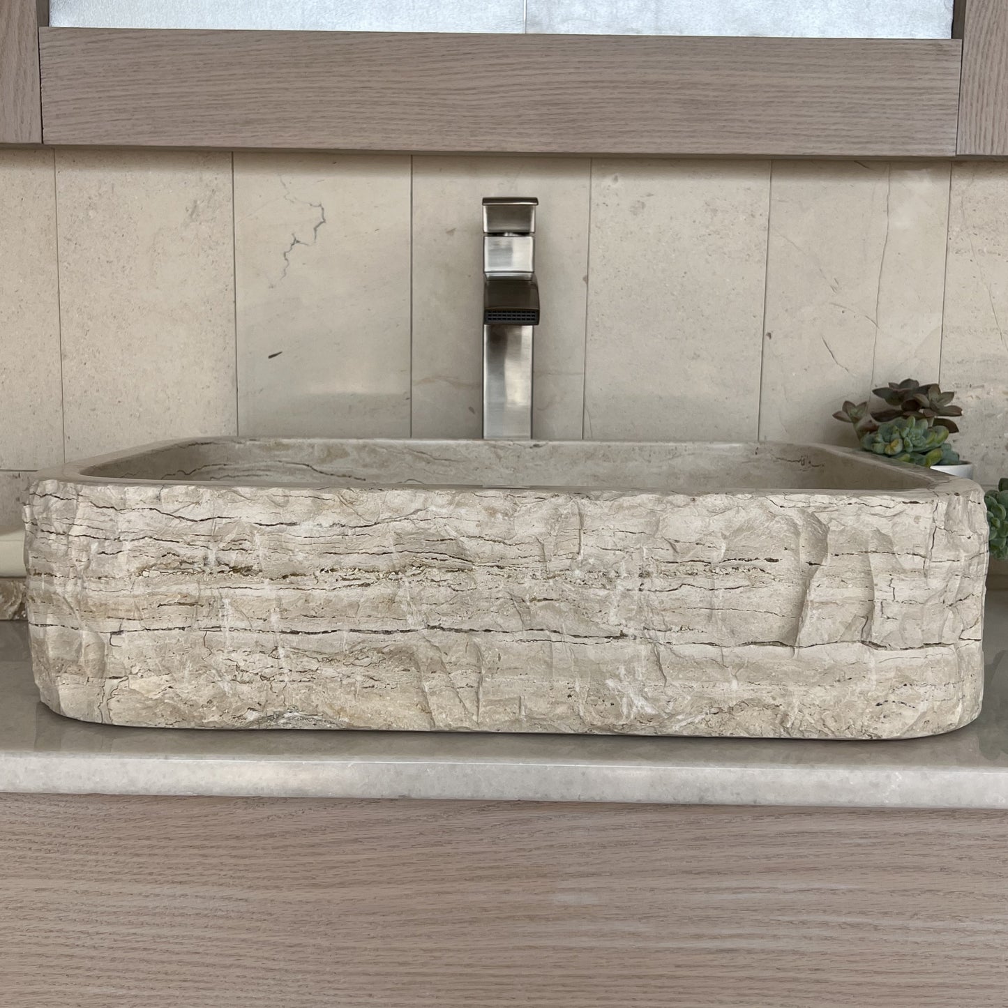Natural Stone Vessel Sink, Travertine & Marble Bathroom Sink, Rectangle Bathroom Sink Close up