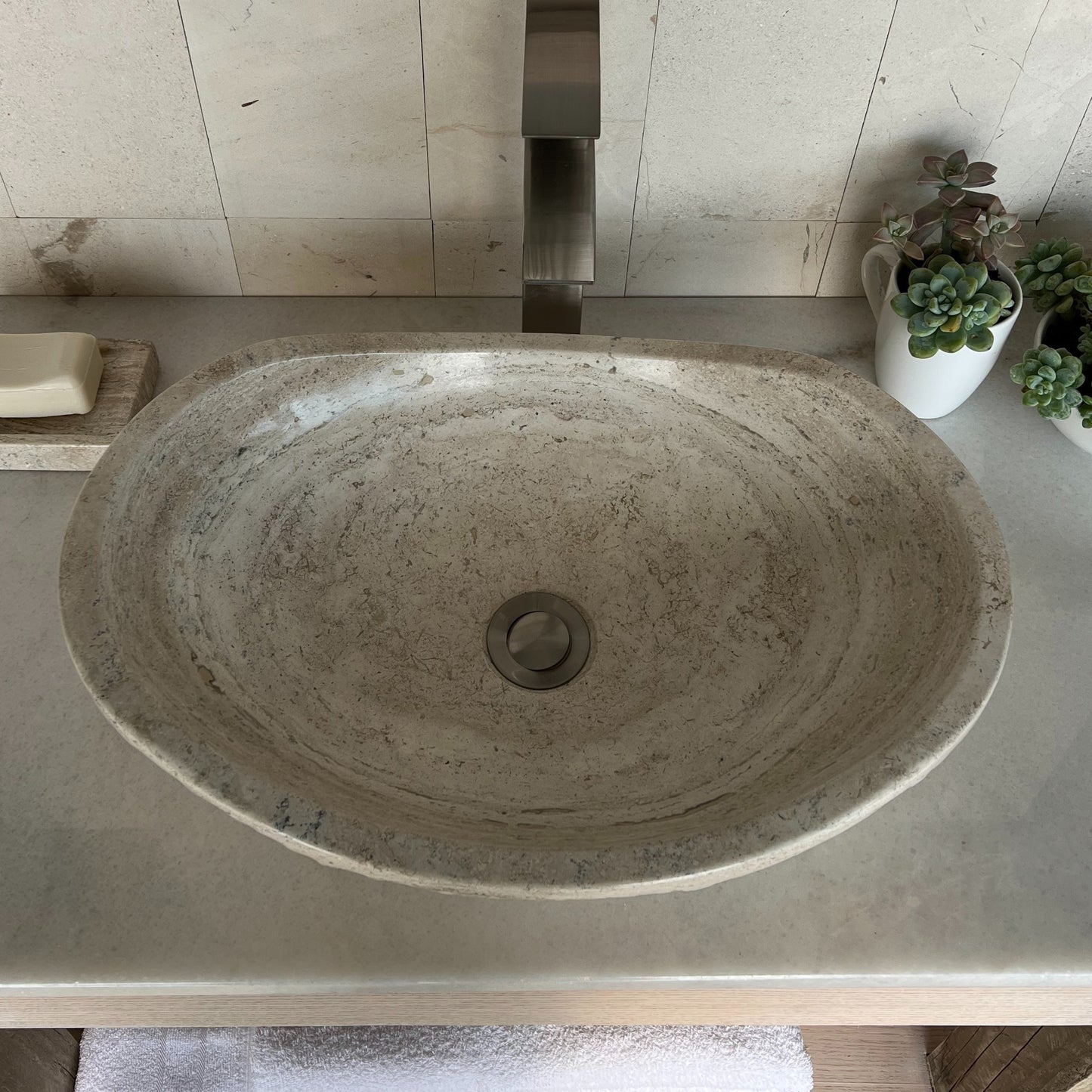 Natural Stone Vessel Sink, Travertine & Marble Bathroom Sink, Oval Bathroom Sink.