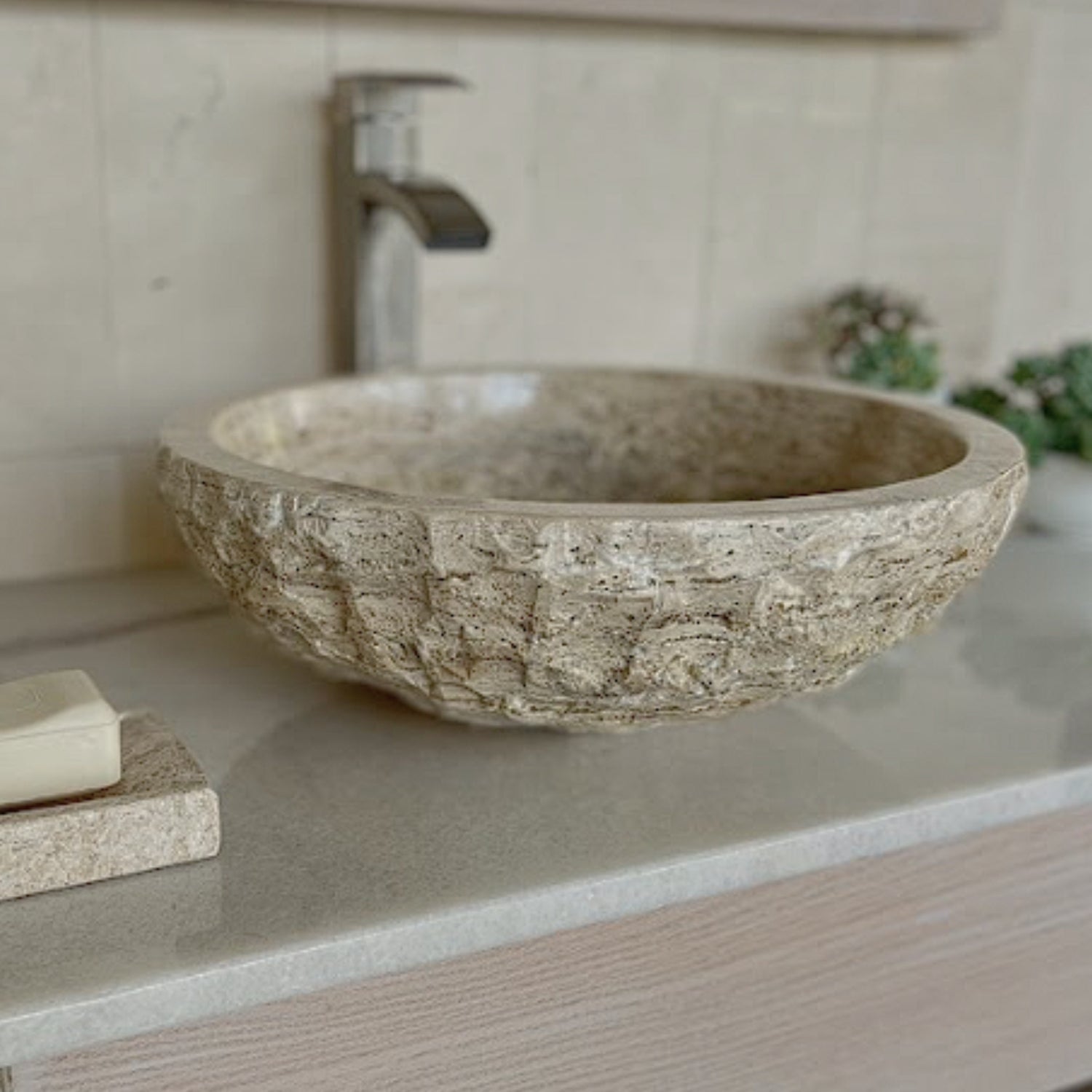 Natural Stone Vessel Sink, Travertine & Marble Bathroom Sink,Round Bathroom Sink Side View