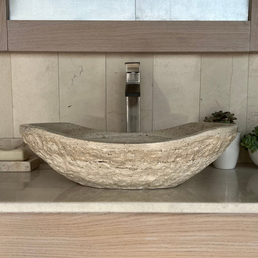 Natural Stone Ciseled Vessel Sink, Travertine & Marble Bathroom Sink, Oval Bathroom Sink Front View