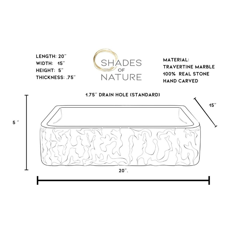 Dimensions and specifications chart for handcrafted marble rectangle vessel sink showing 20 inch length, 15 inch width, 5 inch height, 0.75 inch wall thickness, standard 1.75 inch drain hole, and natural stone construction details.