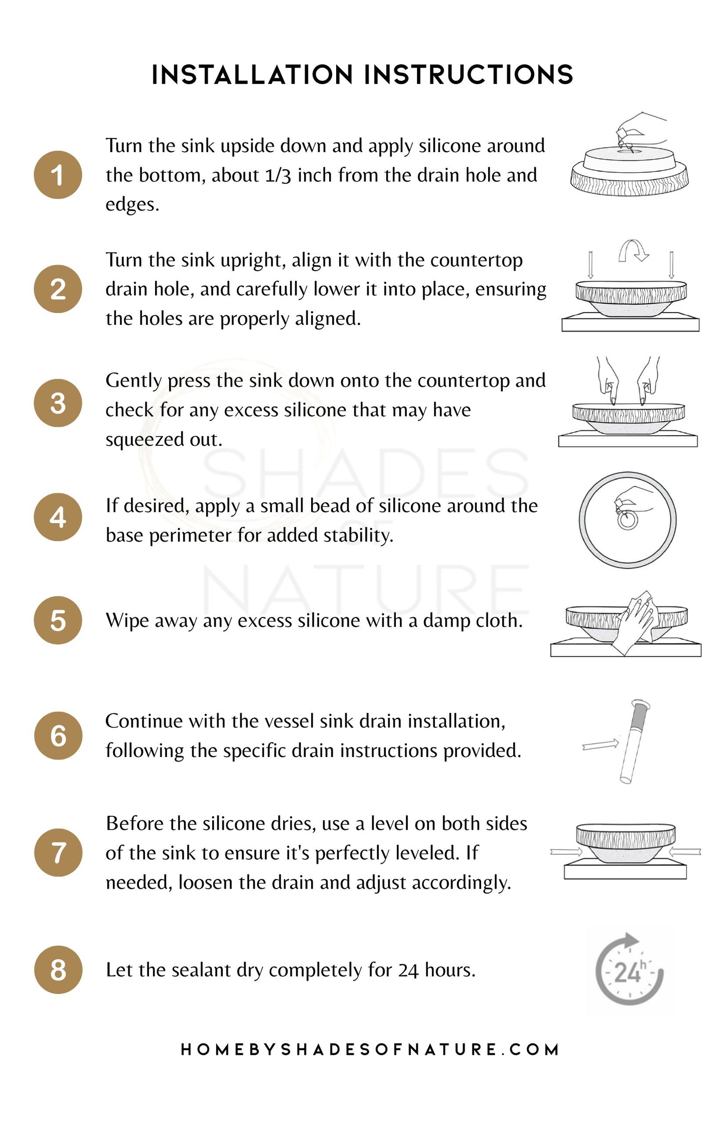 Step-by-step above-counter installation instructions for round stone sinks with 1.75 inch drain.