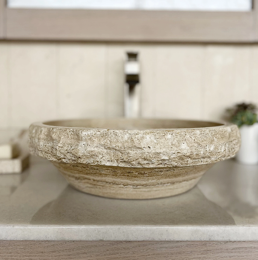 Tan Travertine Chiseled Stone Bathroom online Vessel