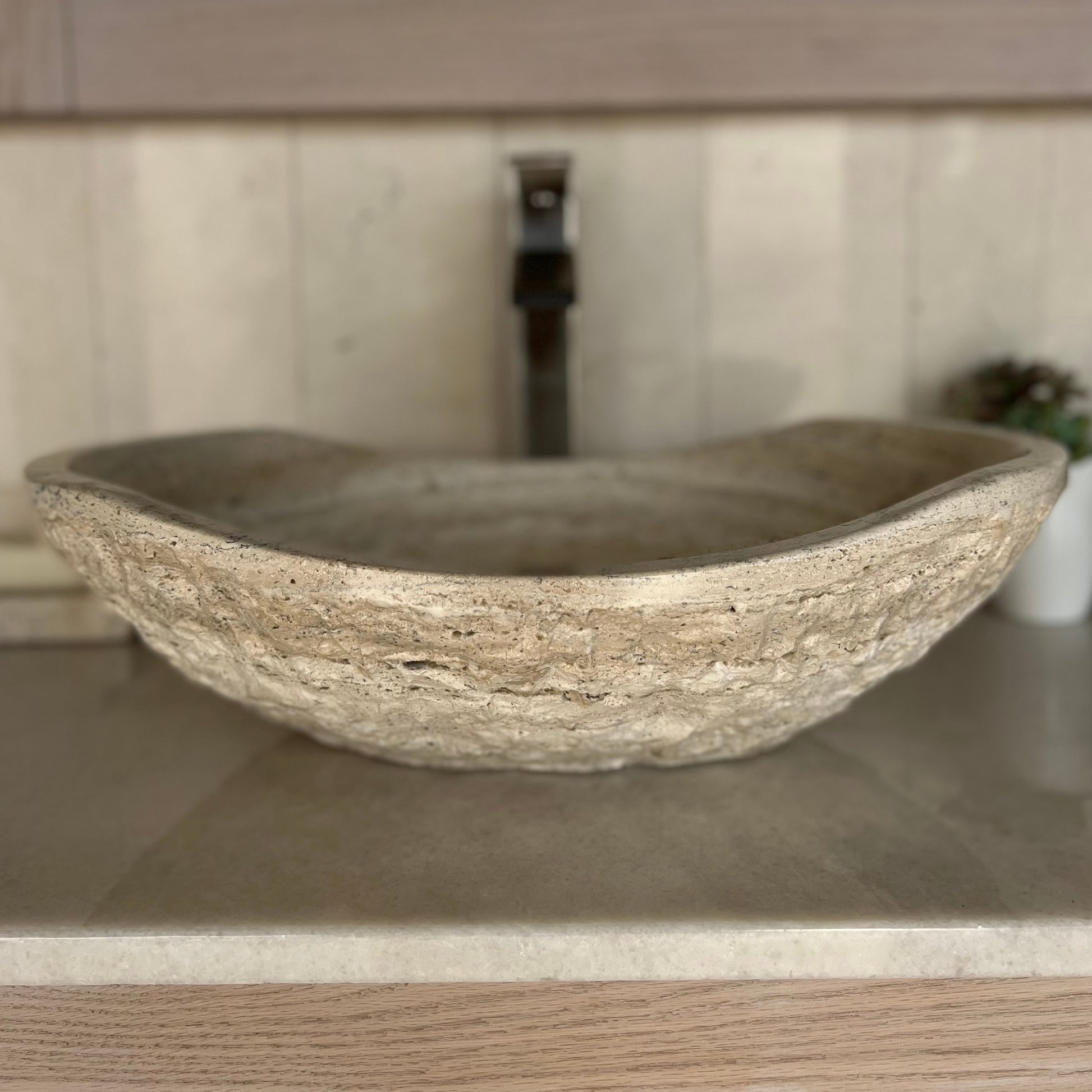 Natural Stone Vessel Sink, Travertine & Marble Bathroom Sink, Oval Bathroom Sink close up