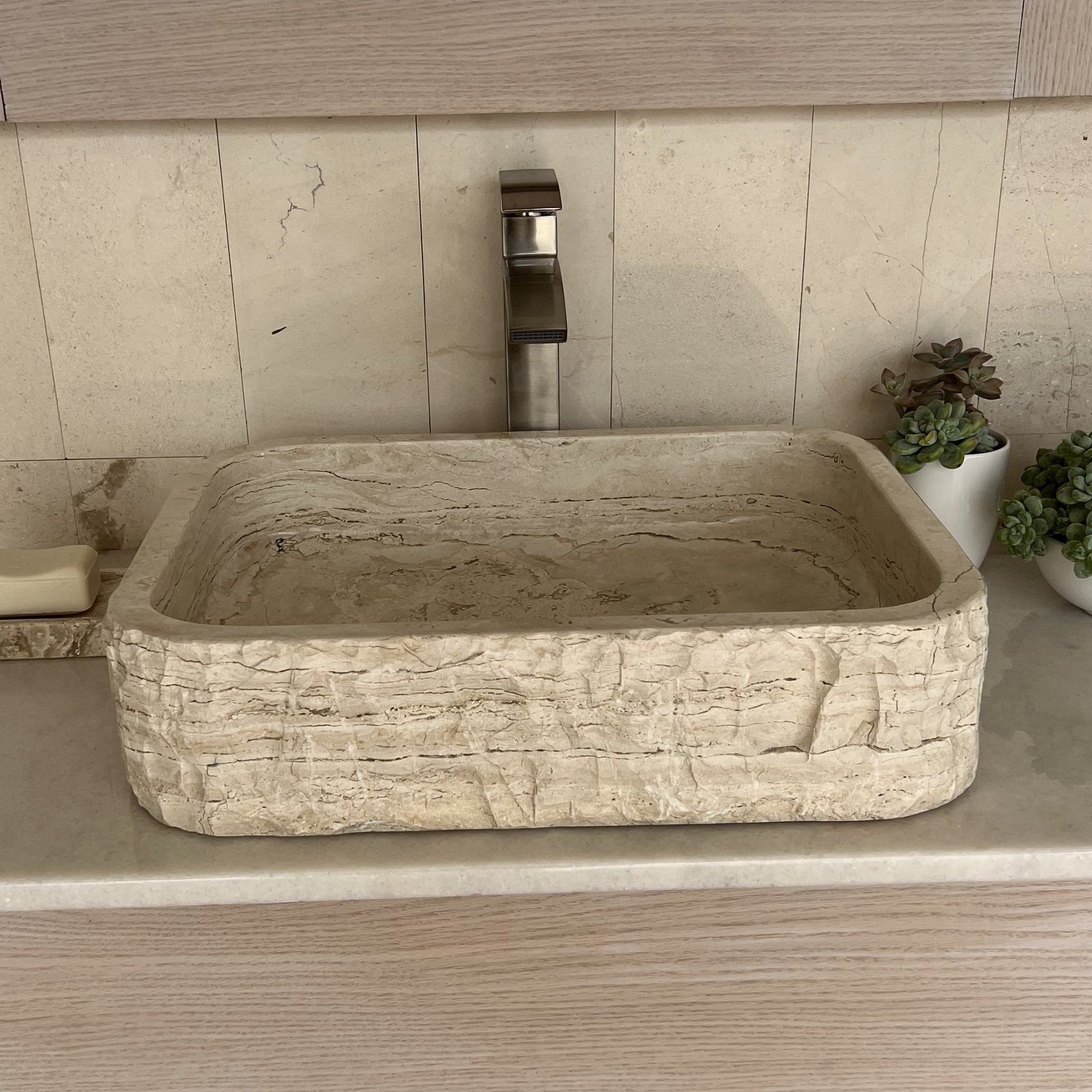 Natural Stone Vessel Sink, Travertine & Marble Bathroom Sink, Rectangle Bathroom Sink Top View 2