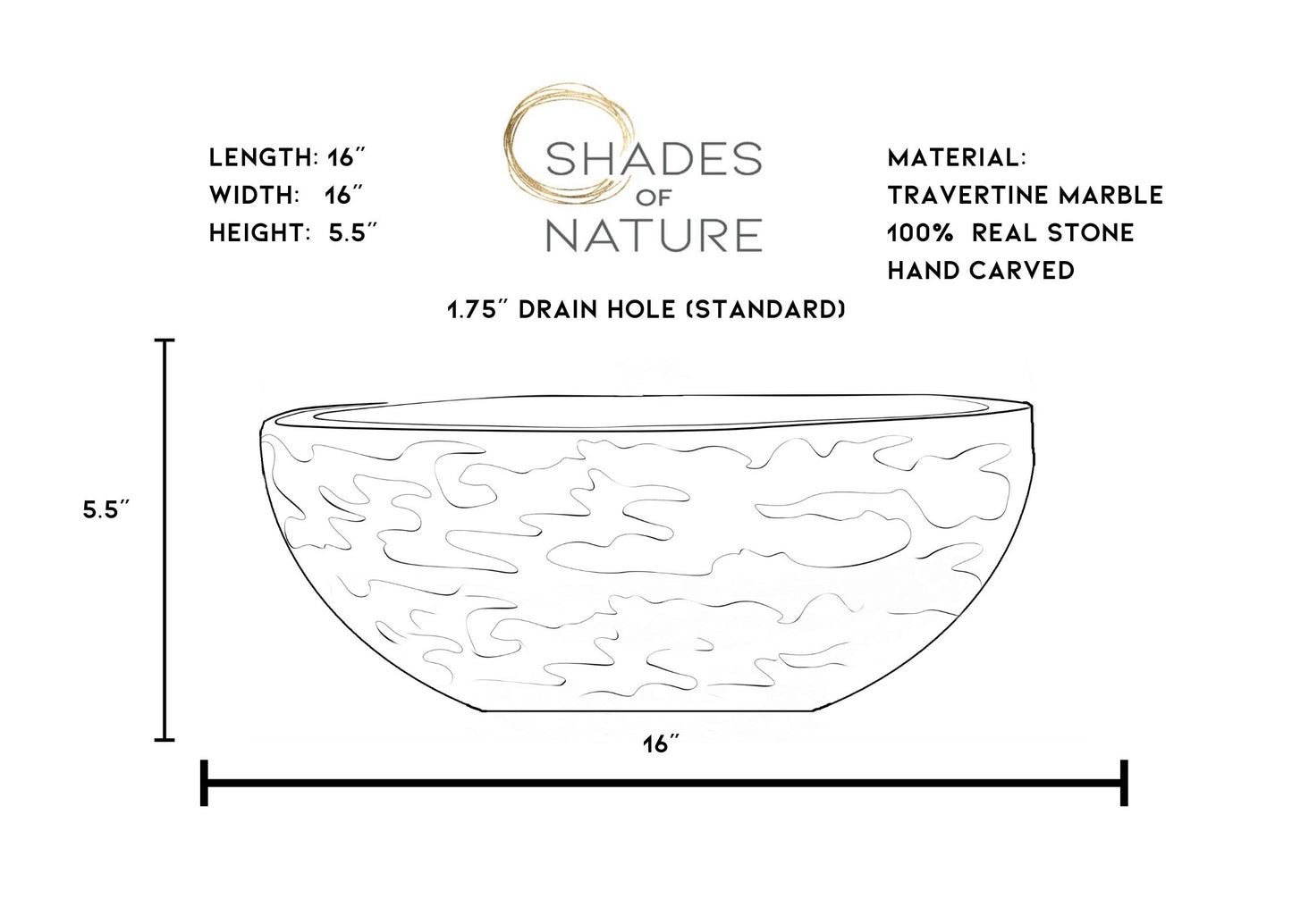 Dimension chart for handcrafted black marble round vessel sink showing 16 inch diameter, 5.5 inch height, standard 1.75 inch drain hole, and natural stone construction specifications.