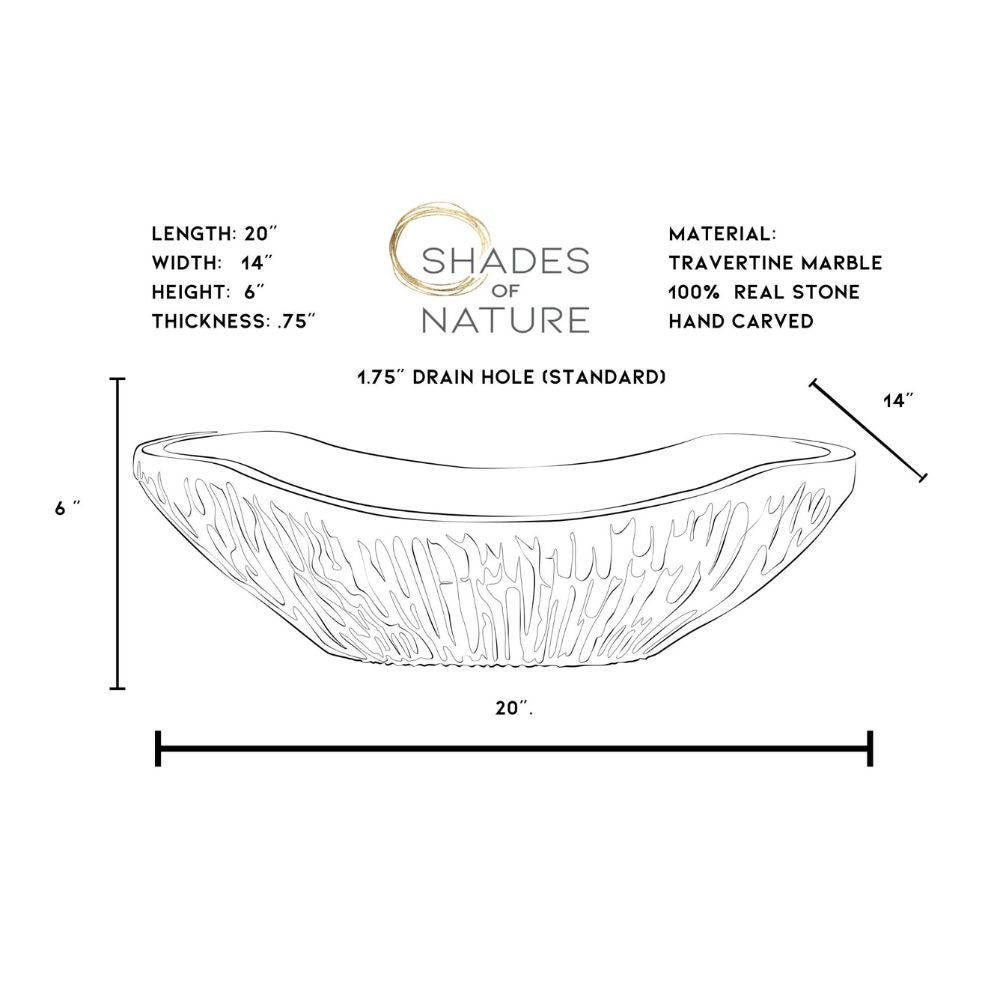 Dimensions and specifications chart for handcrafted black marble oval vessel sink showing 20 inch length, 14 inch width, 6 inch height, 0.75 inch wall thickness, standard 1.75 inch drain hole, and natural stone construction details.
