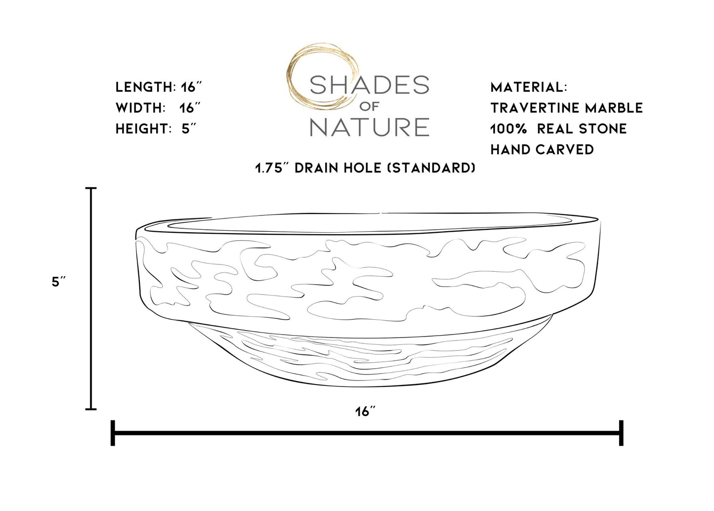Dimensions and specifications chart for handcrafted black marble round vessel sink showing 16 inch diameter, 5 inch height, standard 1.75 inch drain hole, and natural stone construction details.