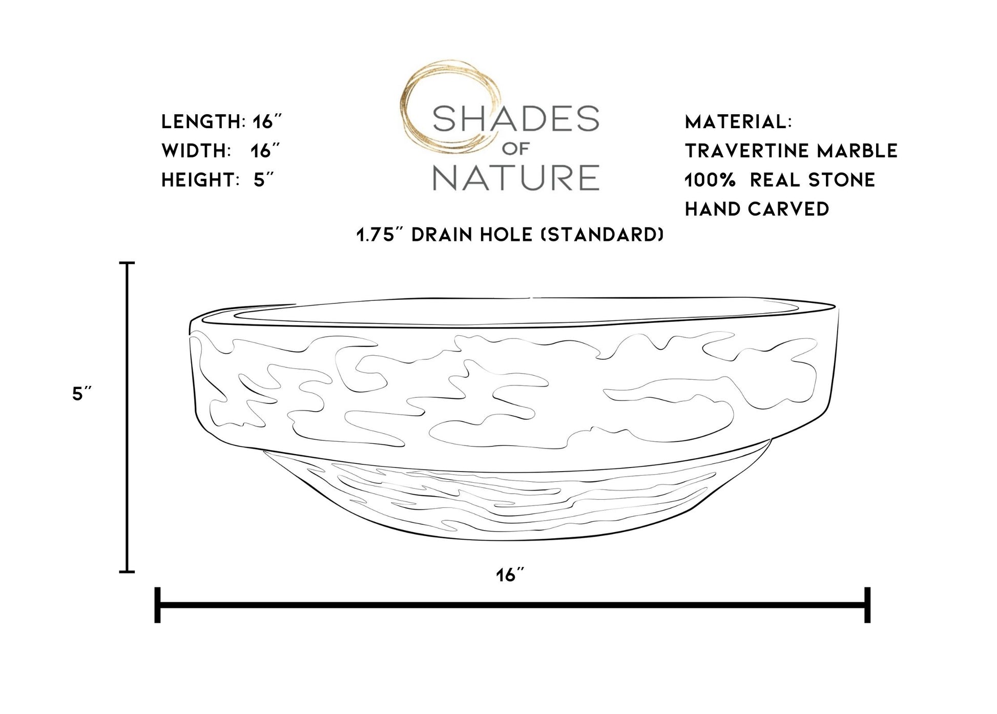 Dimensions and specifications chart for handcrafted black marble round vessel sink showing 16 inch diameter, 5 inch height, standard 1.75 inch drain hole, and natural stone construction details.