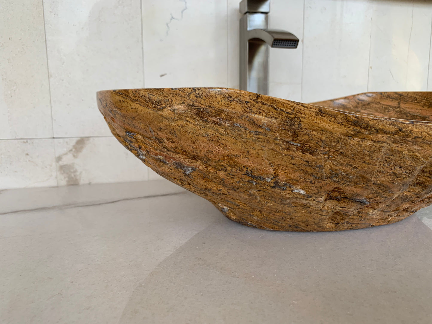 Natural Stone Vessel Sink, Travertine & Marble Bathroom Sink, Oval Bathroom Sink. 